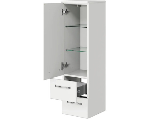 Weißer Bad-Hängeschrank mit zwei Schubladen und Regalböden aus Glas