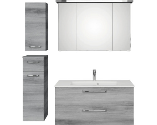 Badmöbel-Set Pelipal Kumba BxHxT 137 x 200 x 50 cm Frontfarbe graphit struktur quer 5-teilig und mehr mit Mineralguss-Waschtisch, Unterschrank und Wandschrank 99.1070125194 Badezimmerset mit Waschtischunterschrank, Spiegelschrank und Hochschrank