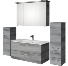 Badezimmerset mit Waschtischunterschrank, Waschbecken, Spiegelschrank und zwei Hochschränken