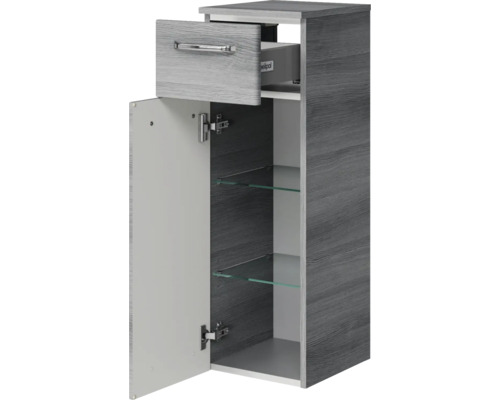 Armoire haute pour salle de bains avec tiroir, porte et étagères en verre