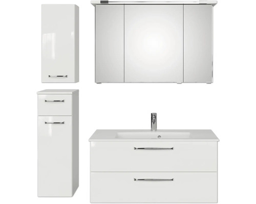 Set de meubles de salle de bains Pelipal Kumba lxhxp 137 x 200 x 50 cm couleur de façade blanc brillant en 5 parties et plus avec vasque en fonte minérale blanc, meuble bas et armoire murale 99.1070125094 Ensemble de salle de bains avec meuble sous-lavabo, lavabo, armoire de toilette et armoire haute