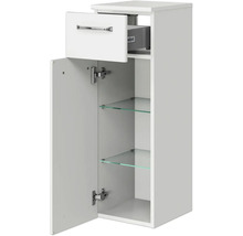 Weißer Badezimmer-Hängeschrank mit Tür, Schublade und Glasböden
