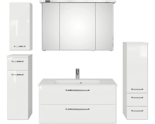 Set de meubles de salle de bains Pelipal Kumba lxhxp 167 x 200 x 50 cm couleur de façade blanc brillant en 5 parties et plus avec vasque en fonte minérale blanc, armoire midi, meuble bas et armoire murale 99.1070125093