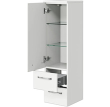 Badezimmerschrank mit Tür, zwei Schubladen und Glasböden