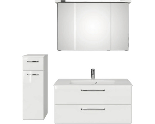 Set de meubles de salle de bains Pelipal Kumba lxhxp 137 x 200 x 50 cm couleur de façade blanc brillant en 4 parties avec vasque en fonte minérale blanc et meuble bas 99.1070125091