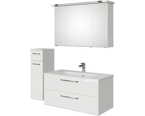 Badezimmermöbelset mit Spiegelschrank, Waschtischunterschrank mit zwei Schubladen und einem Seitenschrank