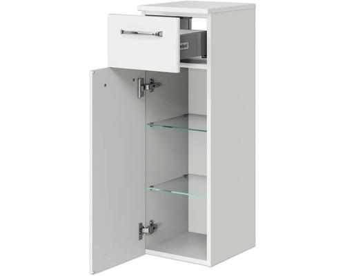 Weißer Badezimmer Hochschrank mit Schublade, Tür und Glasböden