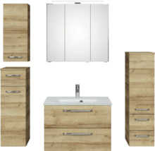 Badezimmermöbelset mit Waschtischunterschrank, Spiegelschrank und Hochschränken in Holzoptik
