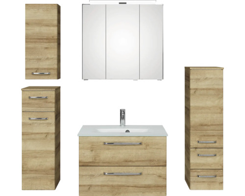 Set de meubles de salle de bains Pelipal Kumba lxhxp 137 x 200 x 50 cm couleur de façade chêne riviera en 5 parties et plus avec vasque en verre blanc, meuble haut, meuble bas et armoire murale 99.770326473