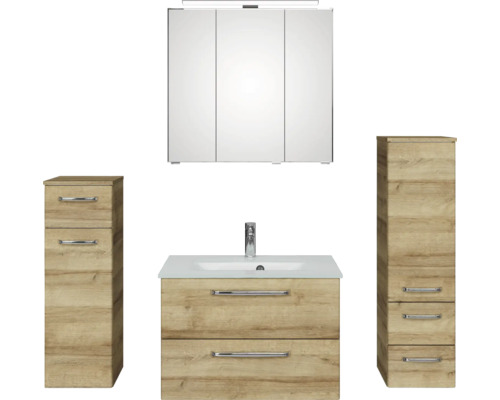 Set de meubles de salle de bains Pelipal Kumba lxhxp 137 x 200 x 50 cm couleur de façade chêne riviera en 5 parties et plus avec vasque en verre blanc, meuble haut et meuble bas 99.770326472