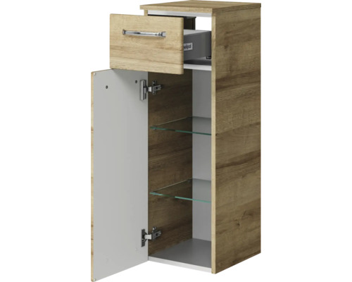 Offener Badezimmerschrank mit Schublade und Glasregalen