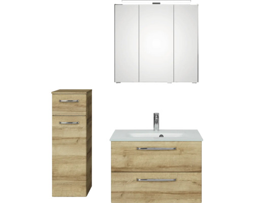 Set de meubles de salle de bains Pelipal Kumba lxhxp 107 x 200 x 50 cm couleur de façade chêne riviera en 4 parties avec vasque en verre blanc et meuble bas 99.770326471