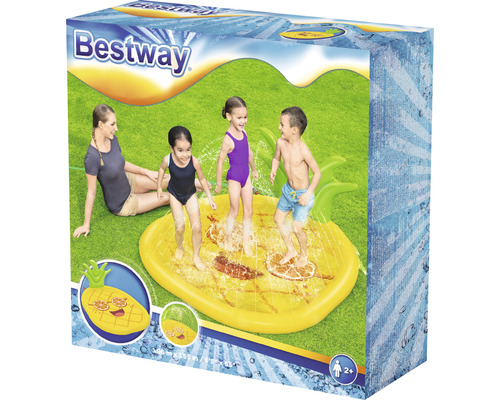 Bestway Pineapple Planschbecken Verpackung mit Kindern die darauf spielen