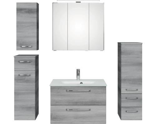 Set de meubles de salle de bains Pelipal Kumba lxhxp 137 x 200 x 50 cm couleur de façade graphite structure transversale en 5 parties et plus avec vasque en verre, meuble haut, meuble bas et armoire murale 99.770326193