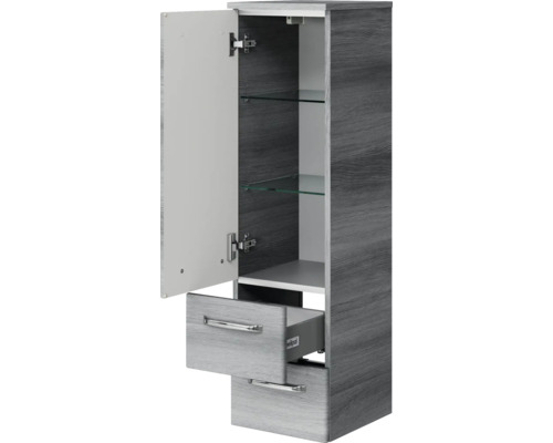 Offener Badezimmer Hochschrank mit Schubladen und Glasböden.