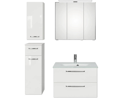 Set de meubles de salle de bains Pelipal Kumba lxhxp 107 x 200 x 50 cm couleur de façade blanc en 5 parties et plus avec vasque en verre blanc, meuble bas et armoire murale 99.770326094