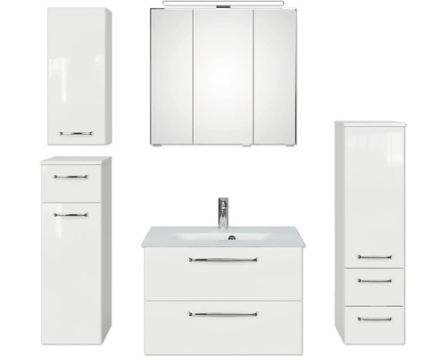 Set de meubles de salle de bains Pelipal Kumba lxhxp 137 x 200 x 50 cm couleur de façade blanc en 5 parties et plus avec vasque en verre blanc, meuble haut, meuble bas et armoire murale 99.770326093