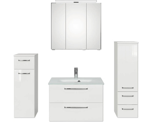 Set de meubles de salle de bains Pelipal Kumba lxhxp 137 x 200 x 50 cm couleur de façade blanc en 5 parties et plus avec vasque en verre blanc, meuble haut et meuble bas 99.770326092