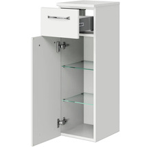 Weißer Badschrank mit Tür, Schublade und Glasablagen für das Badezimmer