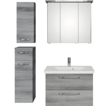 Komplettes Badezimmerset mit Waschbeckenunterschrank, Waschtisch, Spiegelschrank und Hochschränken