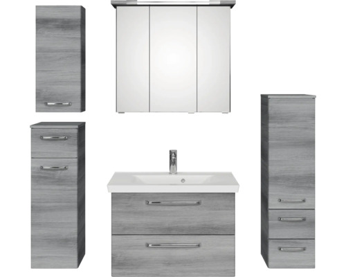 Badmöbel-Set Pelipal Kumba BxHxT 140 x 200 x 51 cm Frontfarbe graphit struktur quer 5-teilig und mehr mit Mineralguss-Waschtisch, Midischrank, Unterschrank und Wandschrank 99.770225193 Badezimmer-Set mit Waschbeckenunterschrank, Spiegelschrank und Hochschränken