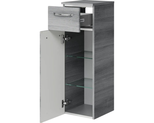 Armoire haute avec tiroir, porte et étagères en verre pour la salle de bain