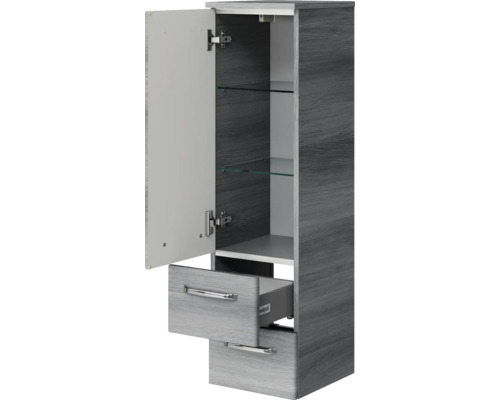 Armoire haute avec porte, étagères en verre et tiroirs