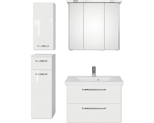 Set de meubles de salle de bains Pelipal Kumba lxhxp 110 x 200 x 51 cm couleur de façade blanc brillant en 5 parties et plus avec vasque en fonte minérale blanc, meuble bas et armoire murale 99.770225094