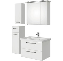 Weißes Badezimmermöbelset mit Waschbecken, Unterschrank, Spiegelschrank und Hochschrank