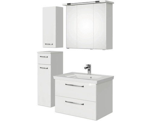 Weißes Badezimmermöbelset mit Waschbecken, Unterschrank, Spiegelschrank und Hochschrank