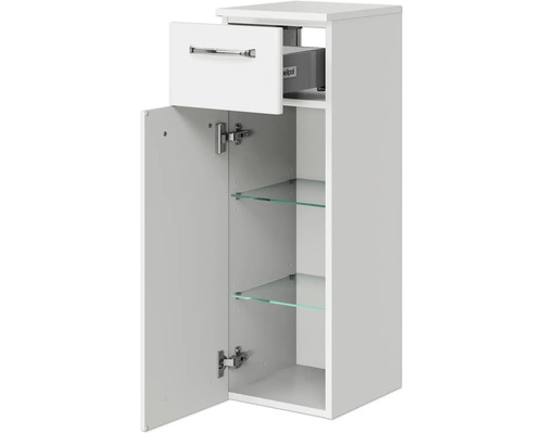 Badezimmerschrank mit einer Schublade, einer Tür und Glasböden
