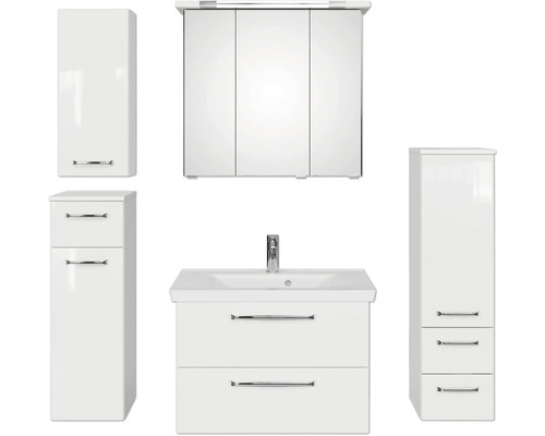 Set de meubles de salle de bains Pelipal Kumba lxhxp 140 x 200 x 51 cm couleur de façade blanc brillant en 5 parties et plus avec vasque en fonte minérale blanc, armoire midi, meuble bas et armoire murale 99.770225093