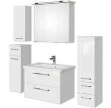 Weißes Badezimmermöbelset mit Waschbecken, Spiegelschrank und Hochschränken
