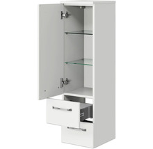 Weißer Bad-Hochschrank mit offenen Schubladen und Regalen