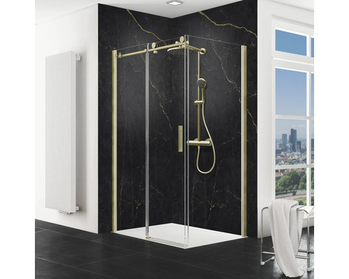 Porte de douche avec paroi latérale avec porte coulissante SCHULTE MasterClass ExpressPlus 140 x 90 cm couleur du profilé or décor de vitre verre transparent tirant gauche butée de paroi latérale à droite