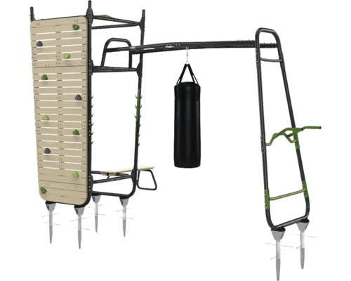Trainingsgerät mit Kletterwand, Klimmzugstange und Boxsack