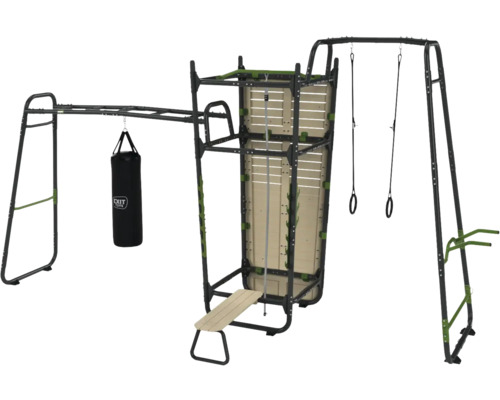 Multifunktionale Outdoor-Fitnessanlage mit verschiedenen Trainingsgeräten wie Hantelbank, Klimmzugstange und Boxsack.