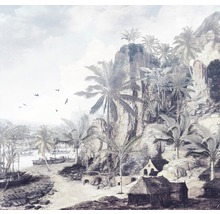 Fototapete mit einer Küstenlandschaft mit Palmen, Felsen, Häusern und Booten