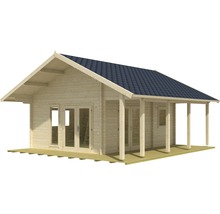 Abri de jardin en bois avec terrasse et toit à deux pentes