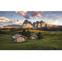 Paysage avec cabanes en bois et panorama montagneux