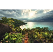 Tropische Landschaft mit Strand, Meer und üppiger Vegetation unter bewölktem Himmel.