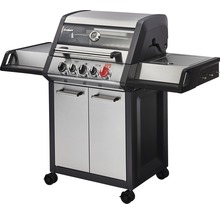 Grill à gaz en acier inoxydable avec quatre brûleurs, réchaud latéral et meuble bas