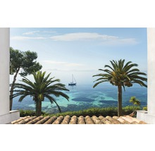 Wandbild mit Meerblick, Palmen und Segelboot