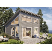 Maison de jardin moderne avec terrasse et mobilier de jardin dans un environnement naturel.