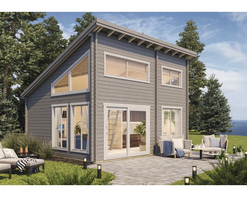 Maison de jardin moderne avec terrasse et mobilier de jardin dans un environnement naturel.