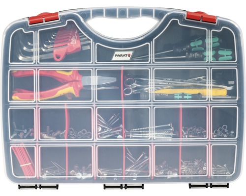 Sortimentskasten gefüllt mit Werkzeugen und Schrauben
