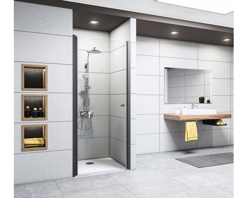 Porte pivotante pour niche Breuer Elana 6 90 cm butée à gauche, décor Lines, profilé couleur noir Porte pivotante pour niche Breuer Elana 6 90 cm butée à gauche, décor Lines, profilé couleur noir