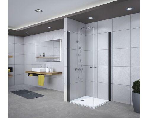 Douche accès d'angle avec porte pivotante Breuer Elana en 2 éléments 80x80 cm en verre décoratif Mastercarre, profilé couleur noire Salle de bain moderne avec cabine de douche, lavabo et miroir