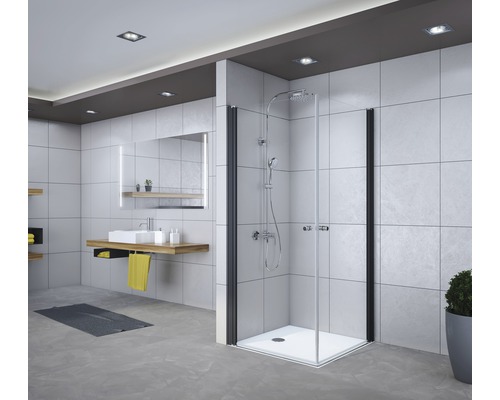 Douche accès d'angle avec porte pivotante Breuer Elana en 2 éléments 90x90 cm en verre décoratif Intima, profilé couleur noire