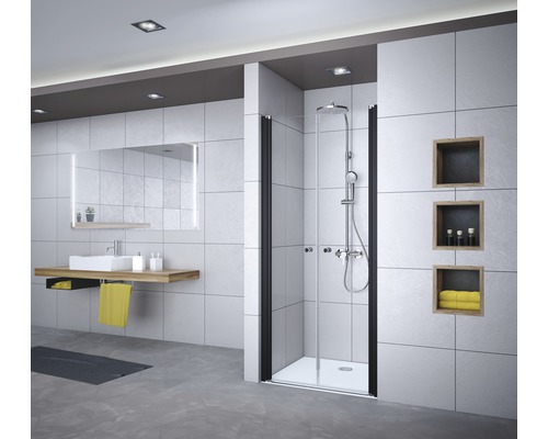 Porte battante pour niche Breuer Elana 100 cm en verre décoratif satiné, profilé couleur noire Porte battante pour niche Breuer Elana 100 cm en verre décoratif satiné, profilé couleur noire